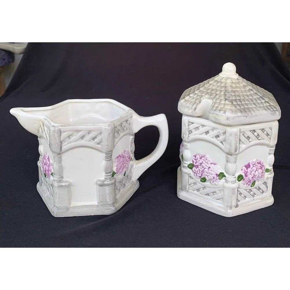 Vintage English Garden Ceramic Pottery Cream and Sugar Holland Floral 1992